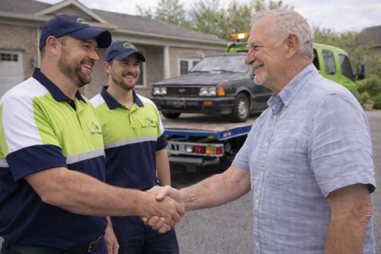 Happy customer shaking hands with Auto Scrappers team after Scrap Car Pickup